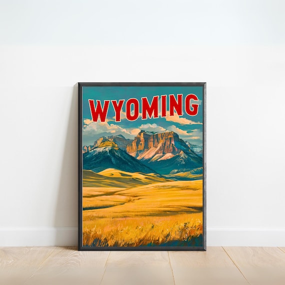 Wyoming Vintage Travel Poster Golden Plains Mesa Peaks Scene