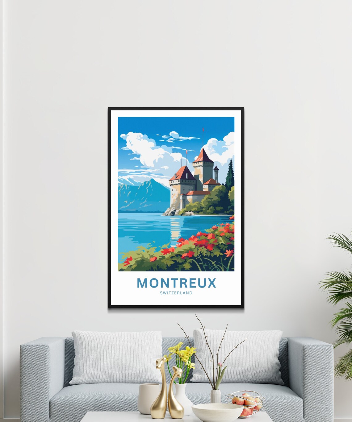 Montreux Switzerland Lakeside Castle Red Flowers Custom Travel Poster - Image 2