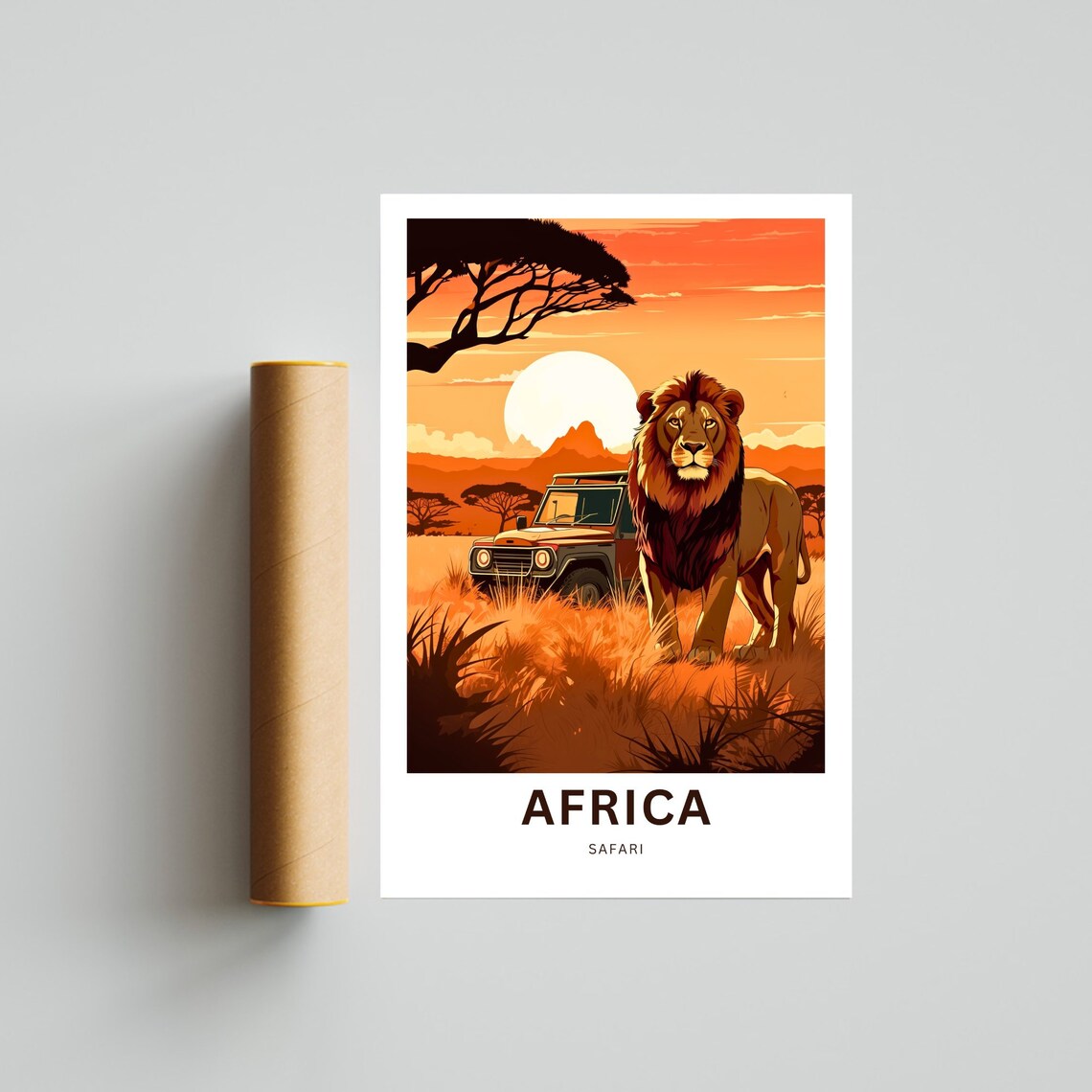 Africa Safari Lion Standing by Safari Jeep at Dusk Scene Poster - Image 4