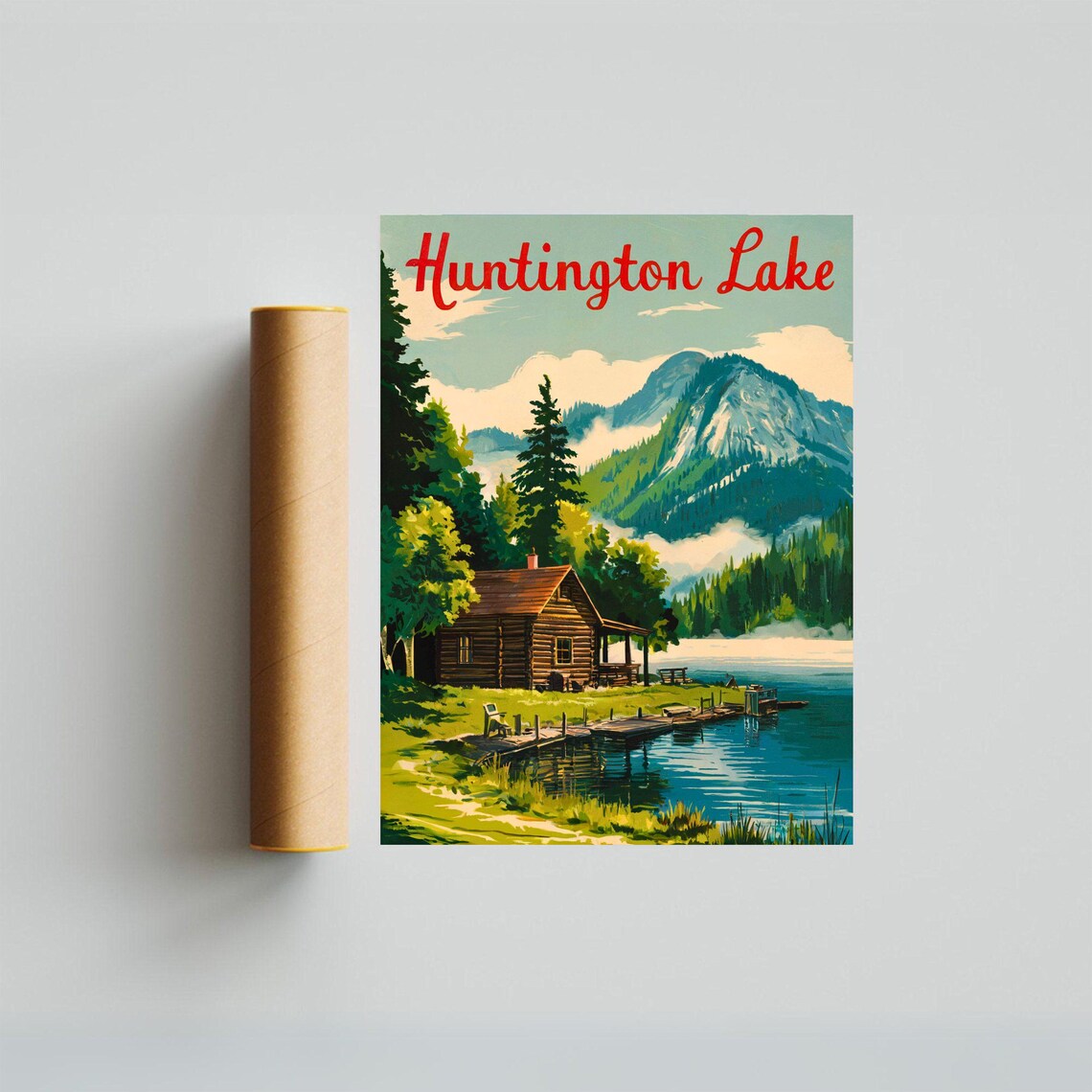 Huntington Lake California Log Cabin Lakeside Mountain Travel Poster - Image 3