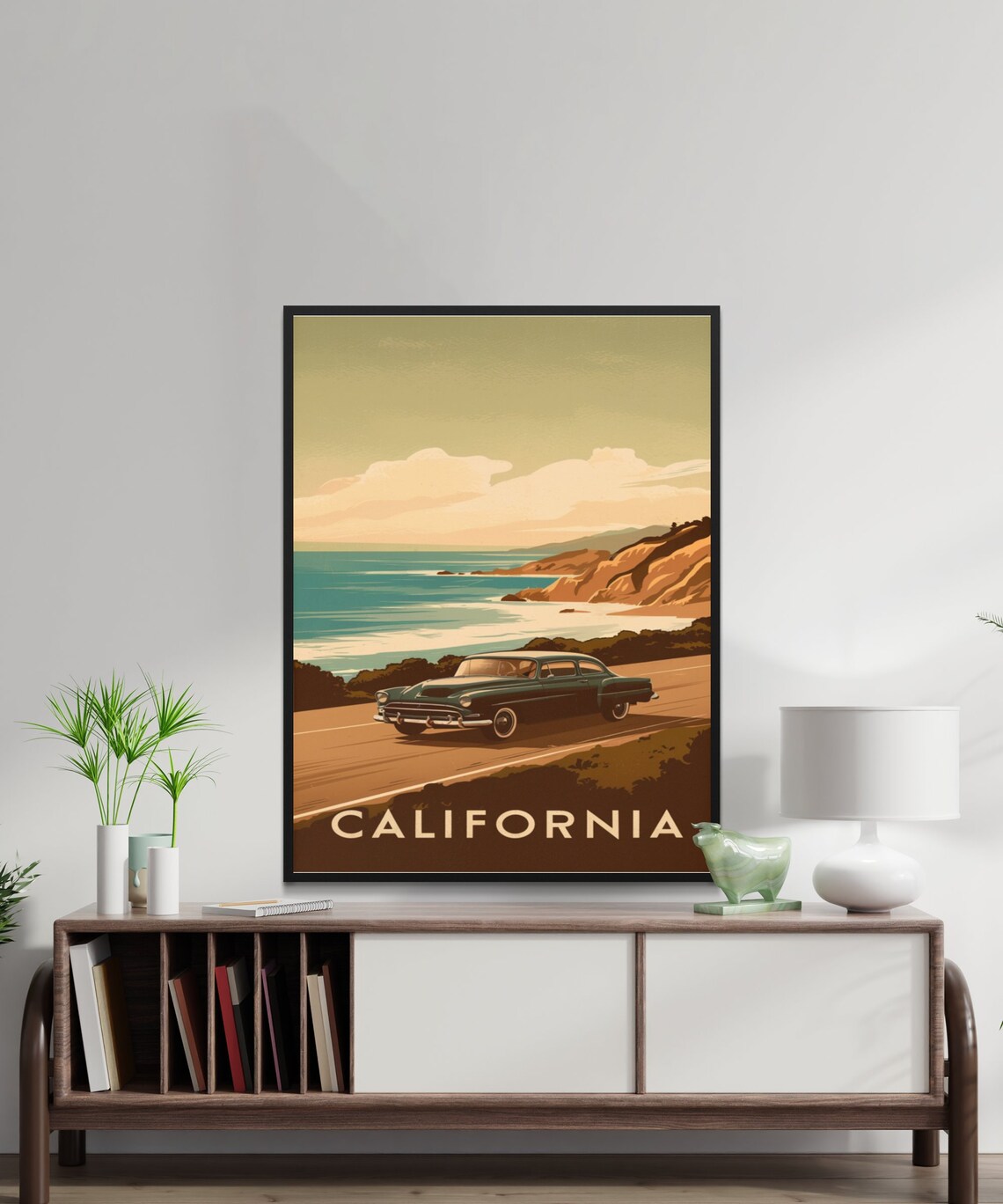 California Coastal Drive Vintage Green Classic Car Travel Poster - Image 2