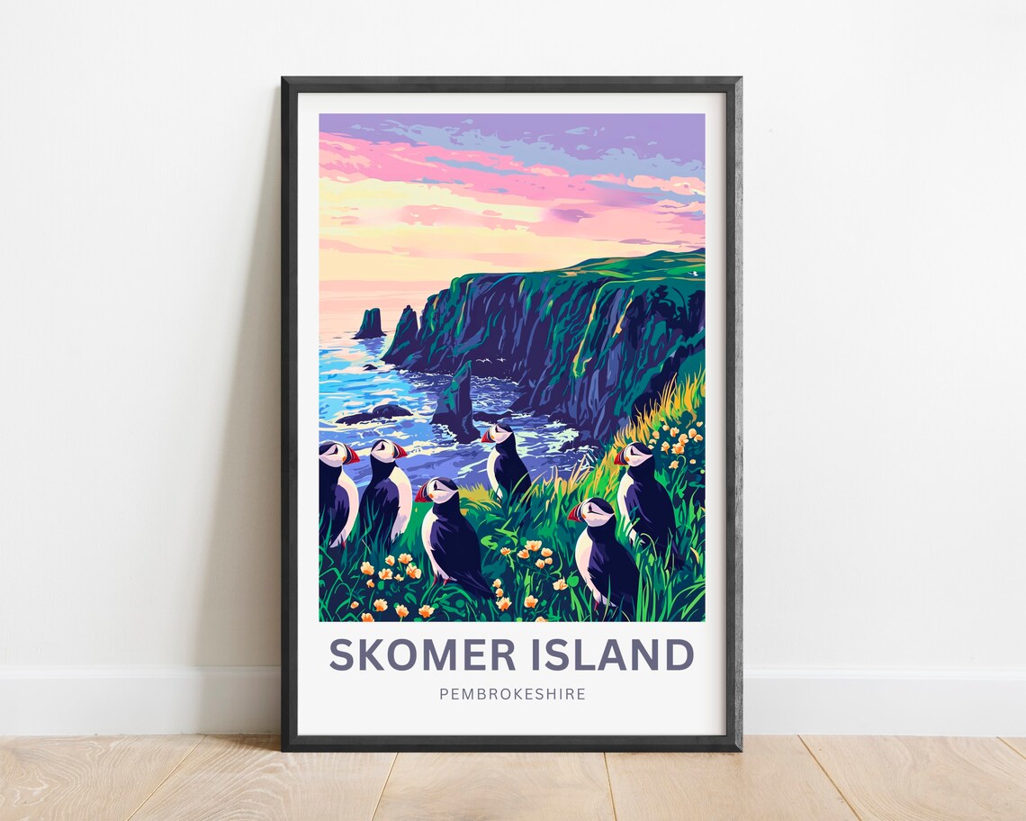 Skomer Island Pembrokeshire Puffins Evening Sunset Travel Poster