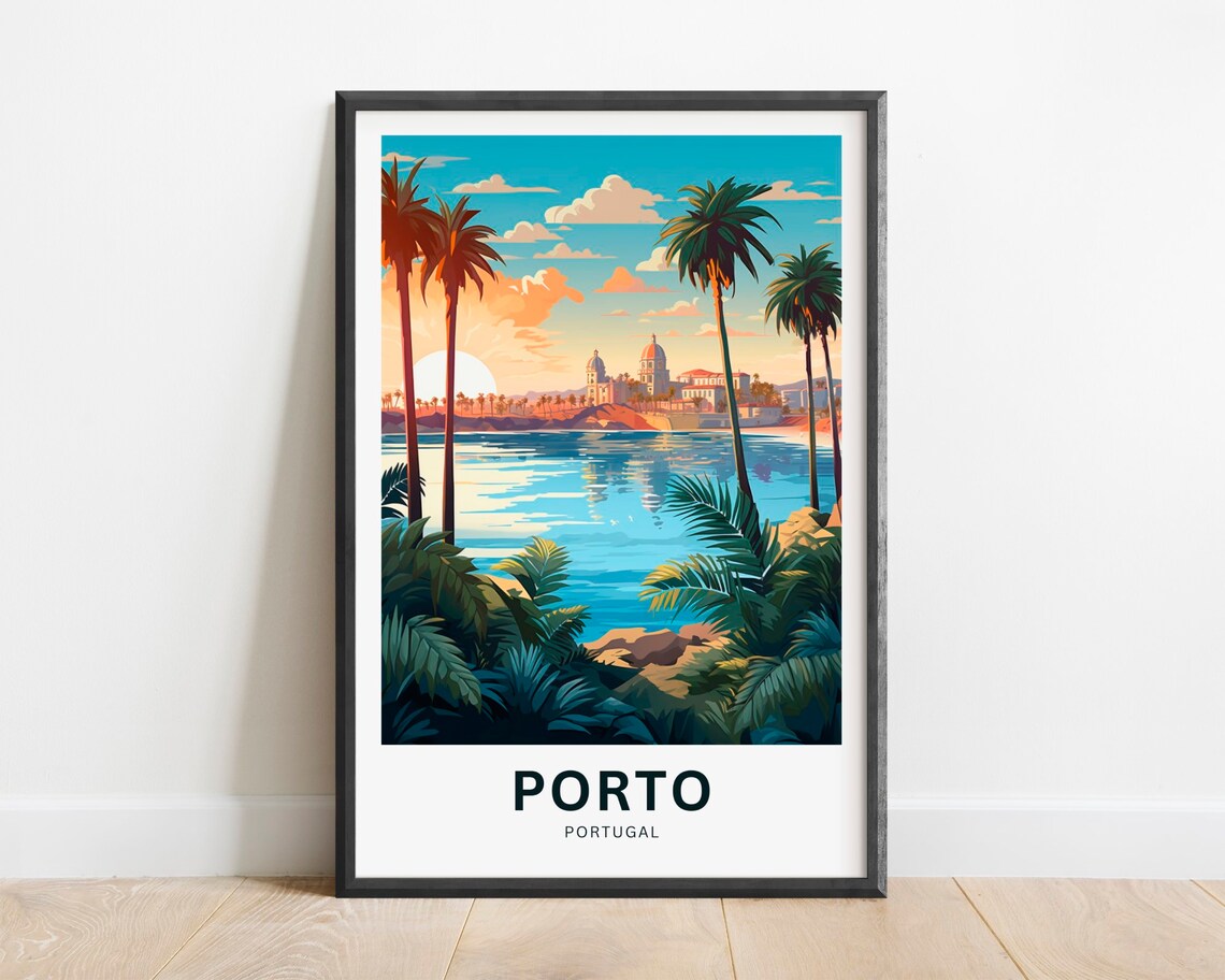 Porto Portugal Palm Bay Domed Skyline Sunset View Travel Poster