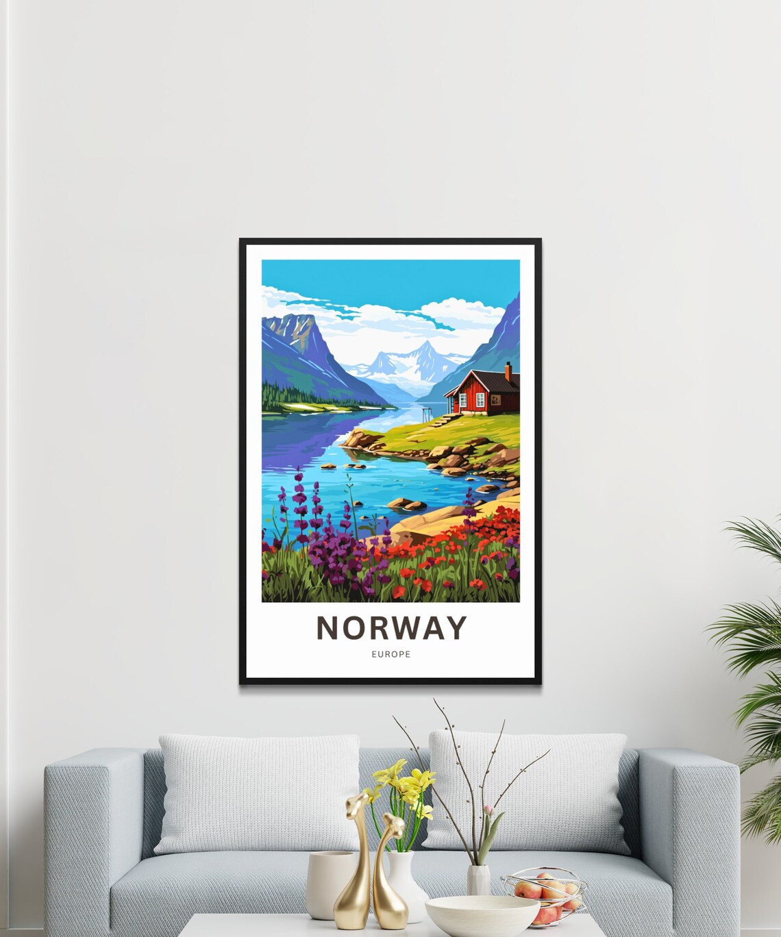 Norway Europe Travel Poster Red Mountain Cabin Wildflower Lake Scene - Image 3