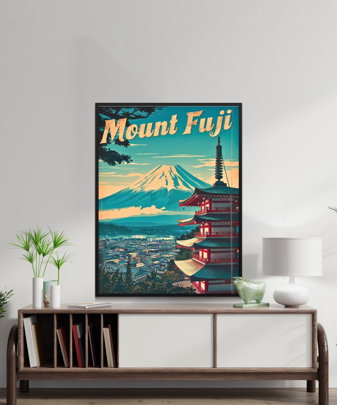 Mount Fuji Japan Snowcapped Pagoda Town Skyline Vintage Poster - Image 2