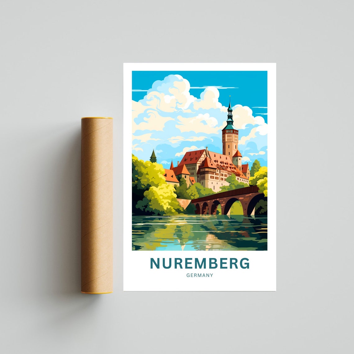 Nuremberg Germany Medieval Castle River Bridge Travel Poster - Image 4