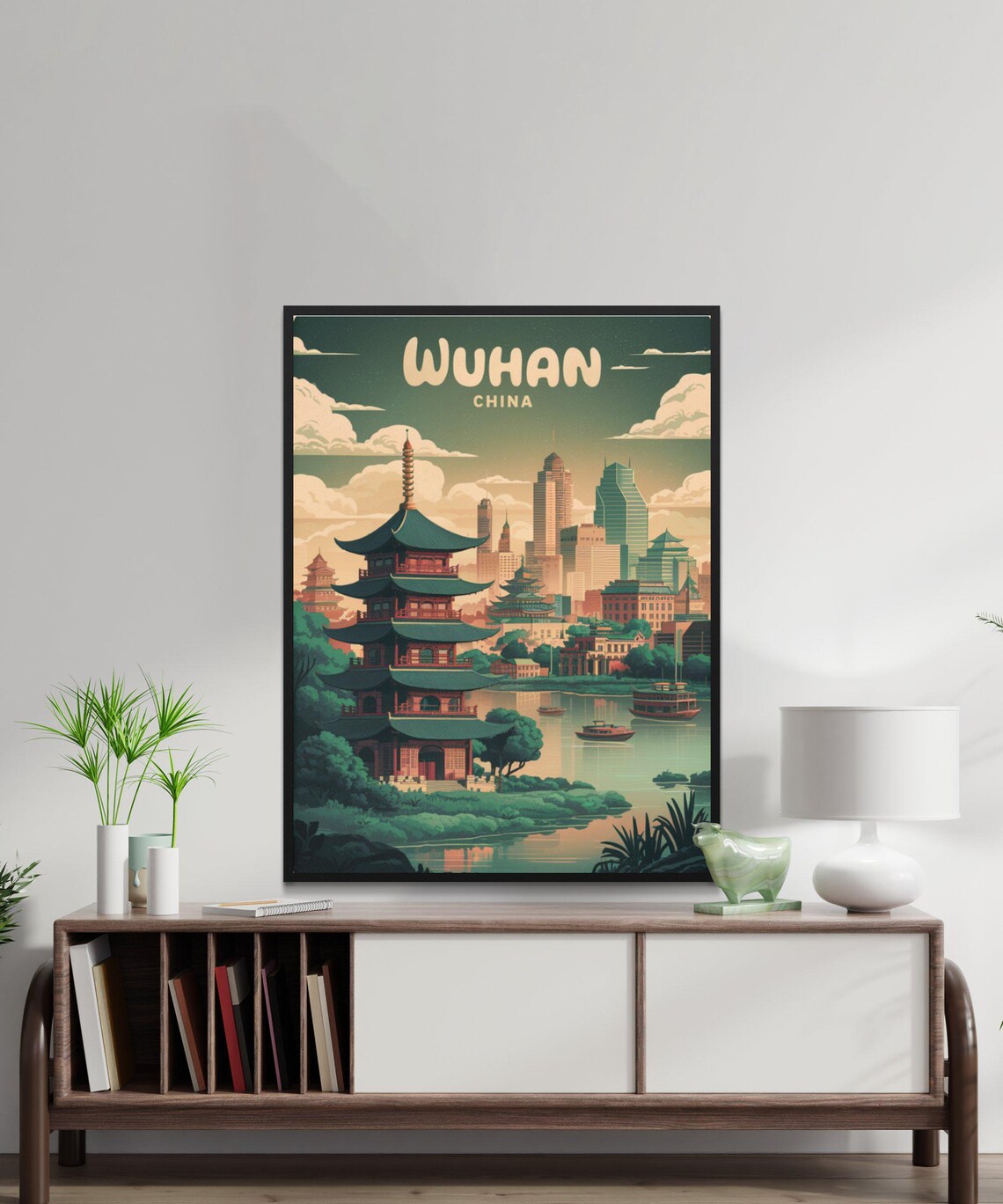 Wuhan China Retro Pagoda Skyline River Boats Vintage Art Poster - Image 4