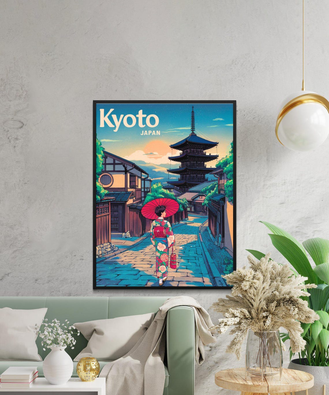 Kyoto Japan Pagoda Geisha Kimono Umbrella Sunset Retro Travel Poster - Image 2