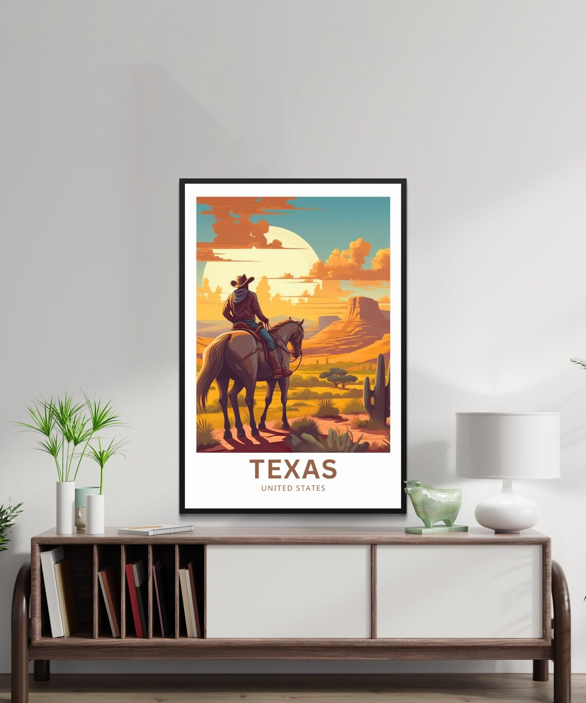 Texas Cowboy Horseback Sunset Desert Illustrated Travel Poster - Image 2
