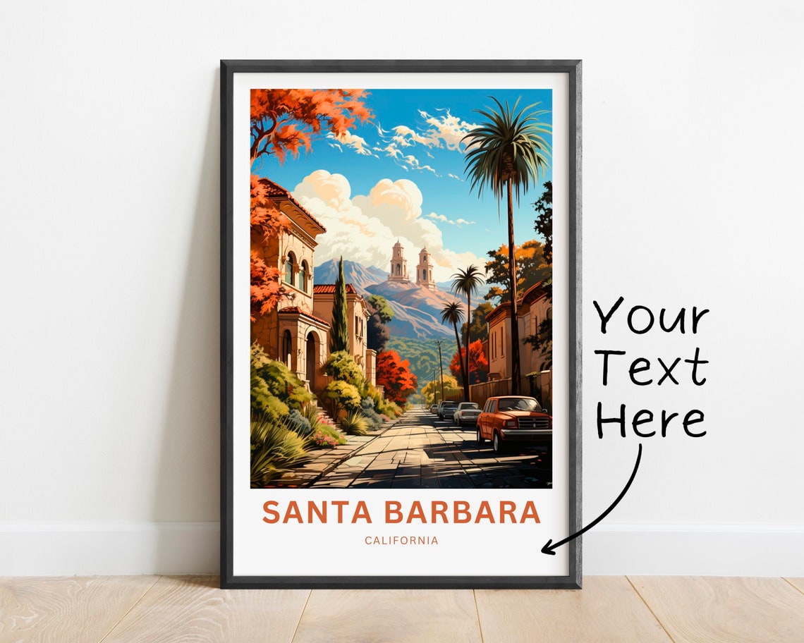 Santa Barbara California Mission Street Palms Mountain Poster
