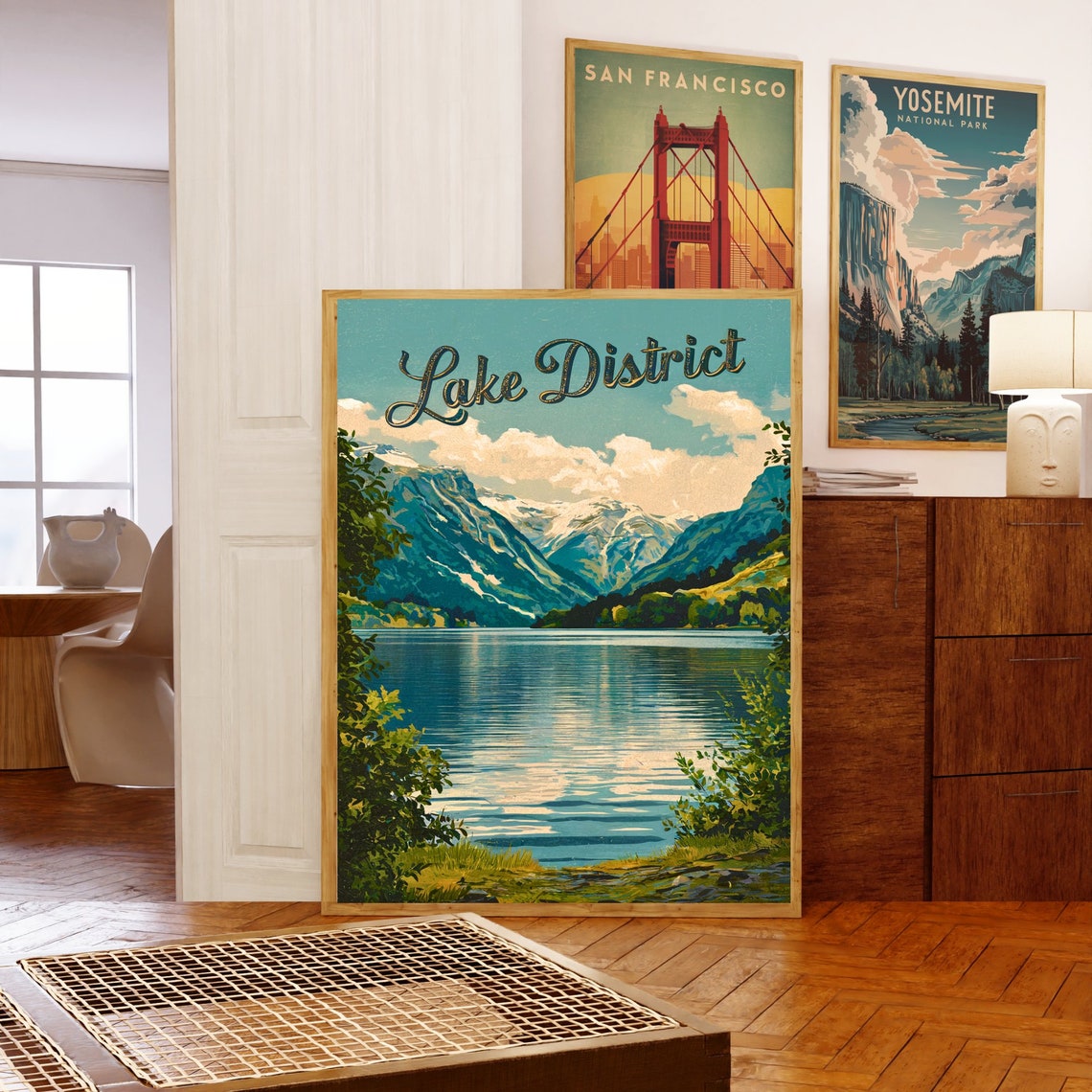 Lake District Vintage Poster Script Mountain Lake Shoreline View - Image 5