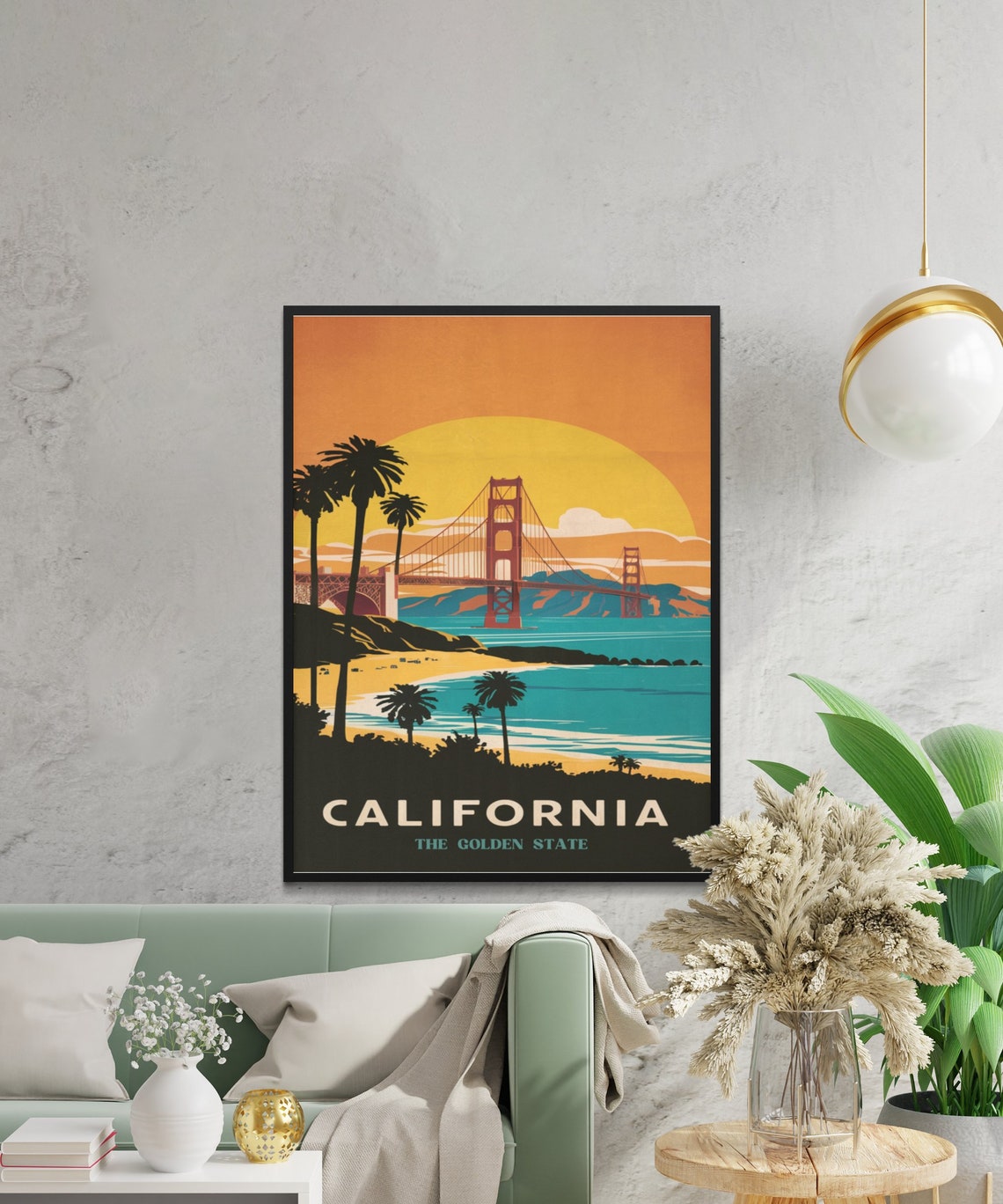 California Golden Gate Sunset Beach Palm Retro Travel Poster - Image 2