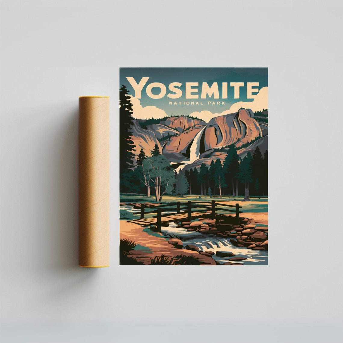 Yosemite National Park Vintage Poster with Waterfall and Footbridge - Image 3