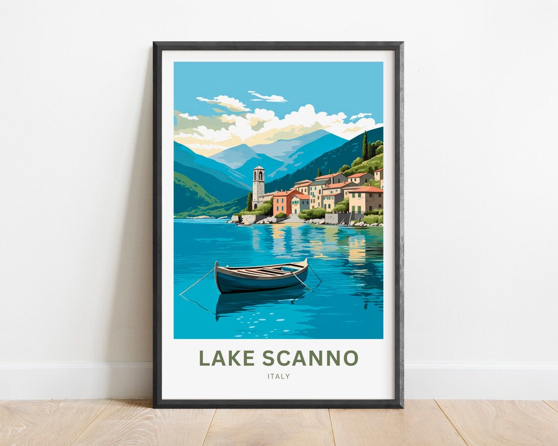 Lake Scanno Italy Village Bay Moored Rowboat Shore Quiet Poster