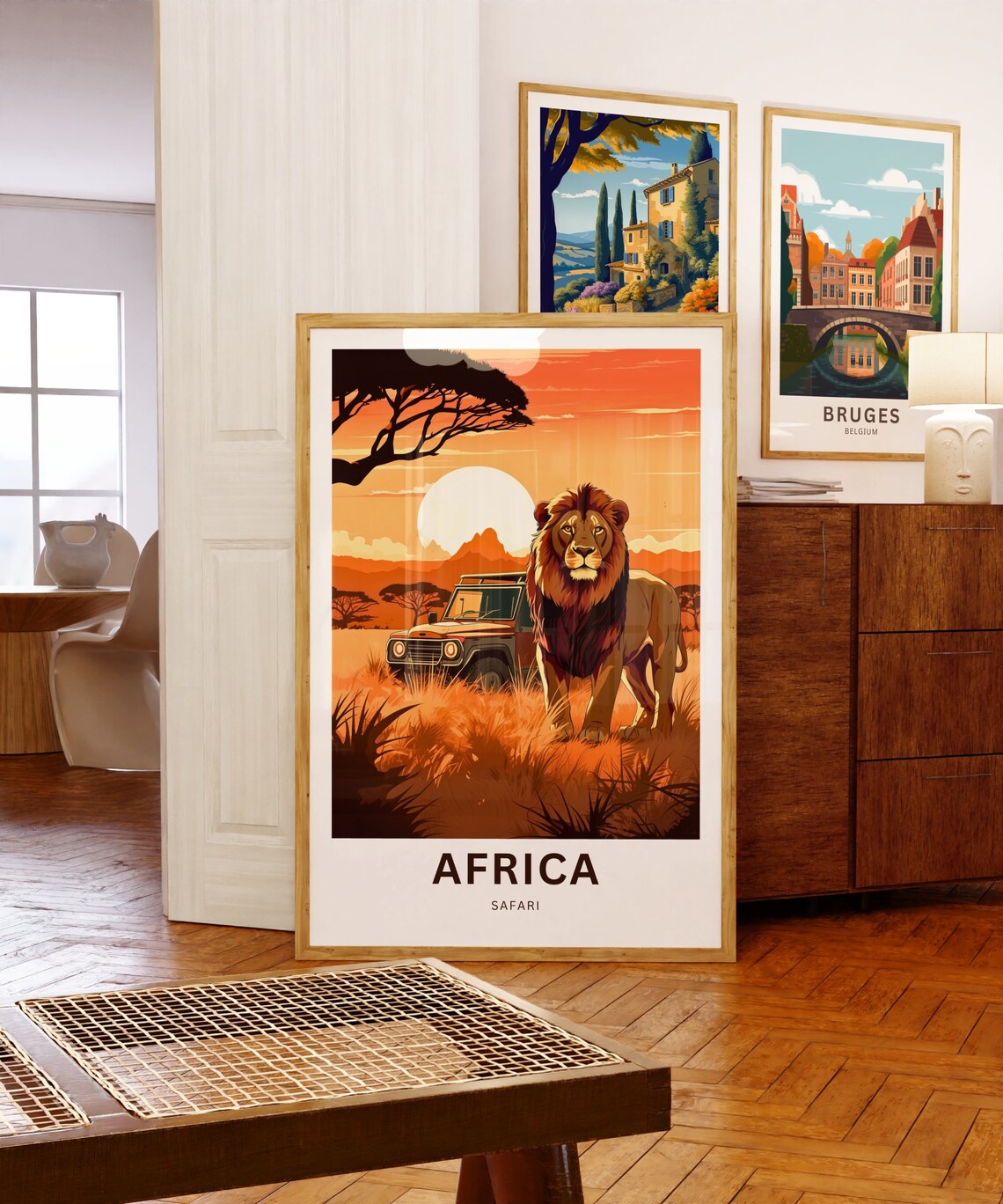 Africa Safari Lion Standing by Safari Jeep at Dusk Scene Poster - Image 5