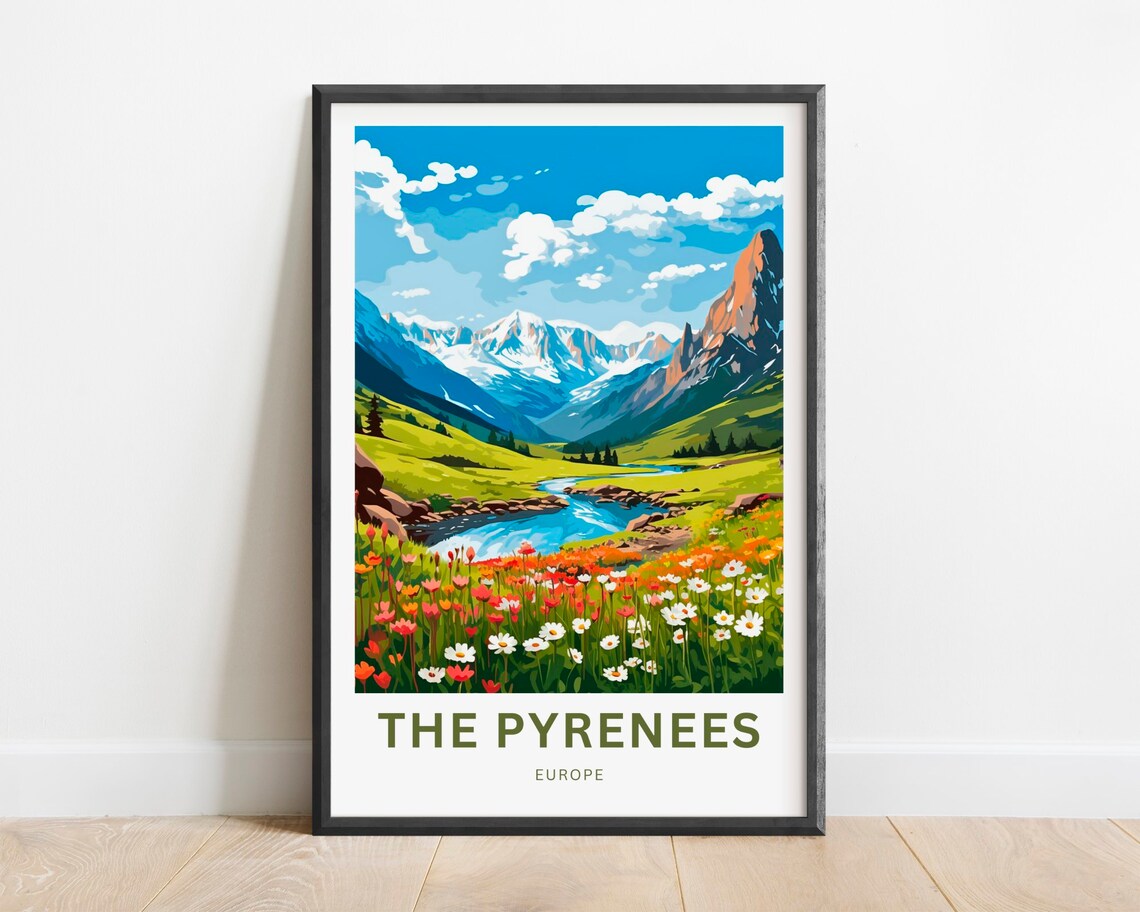 The Pyrenees Europe Alpine Valley Stream Wildflowers Travel Poster