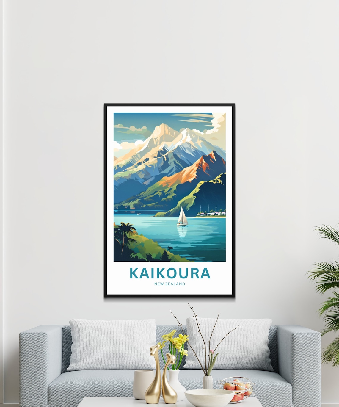 Kaikoura New Zealand Snowy Mountains Turquoise Bay Sailboat Poster - Image 3