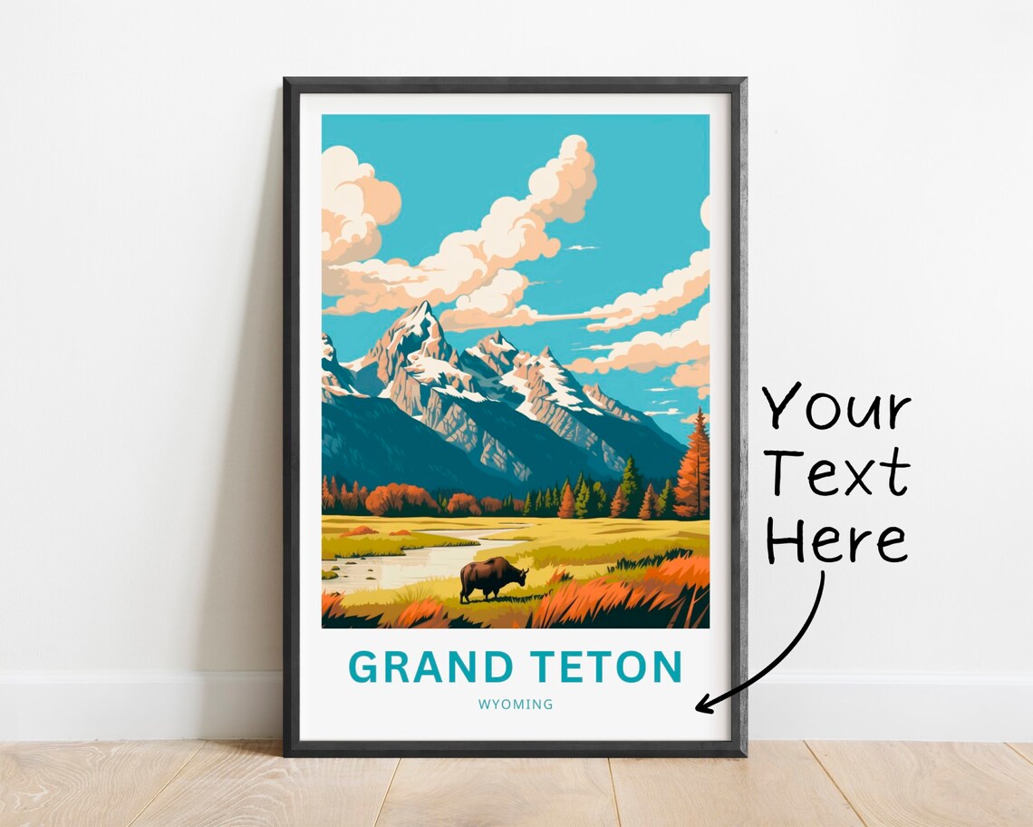 Personalized Grand Teton Wyoming Bison Meadow Custom Travel Poster