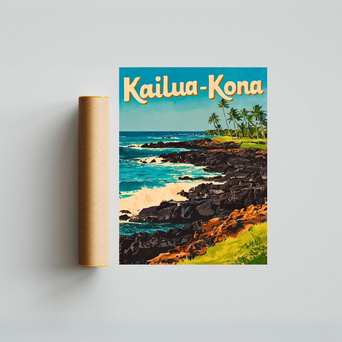 Kailua Kona Hawaii Vintage Rocky Shore Palm Sunset Travel Poster - Image 3