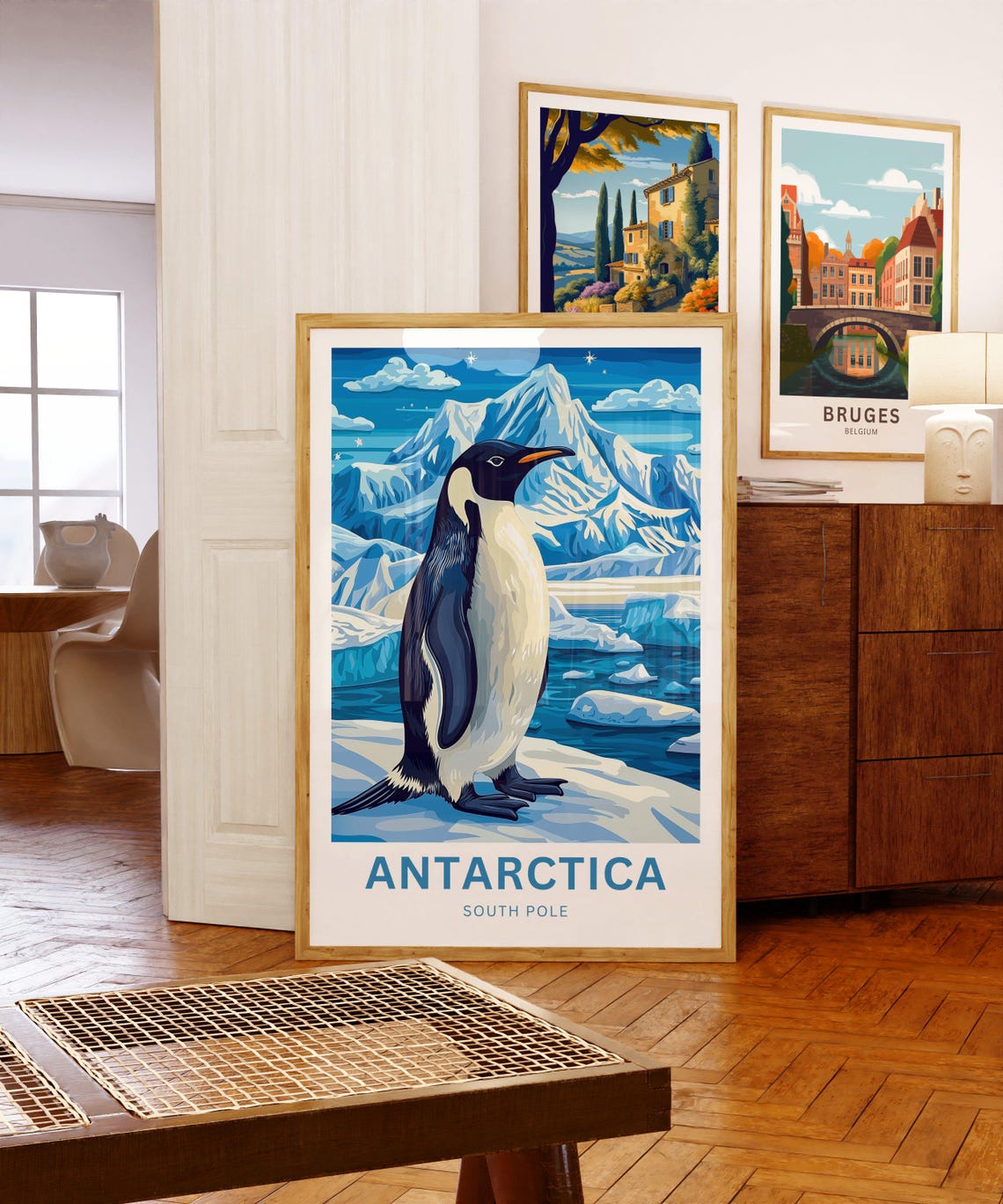 Antarctica South Pole King Penguin on Ice Before Snowy Peaks Poster - Image 5
