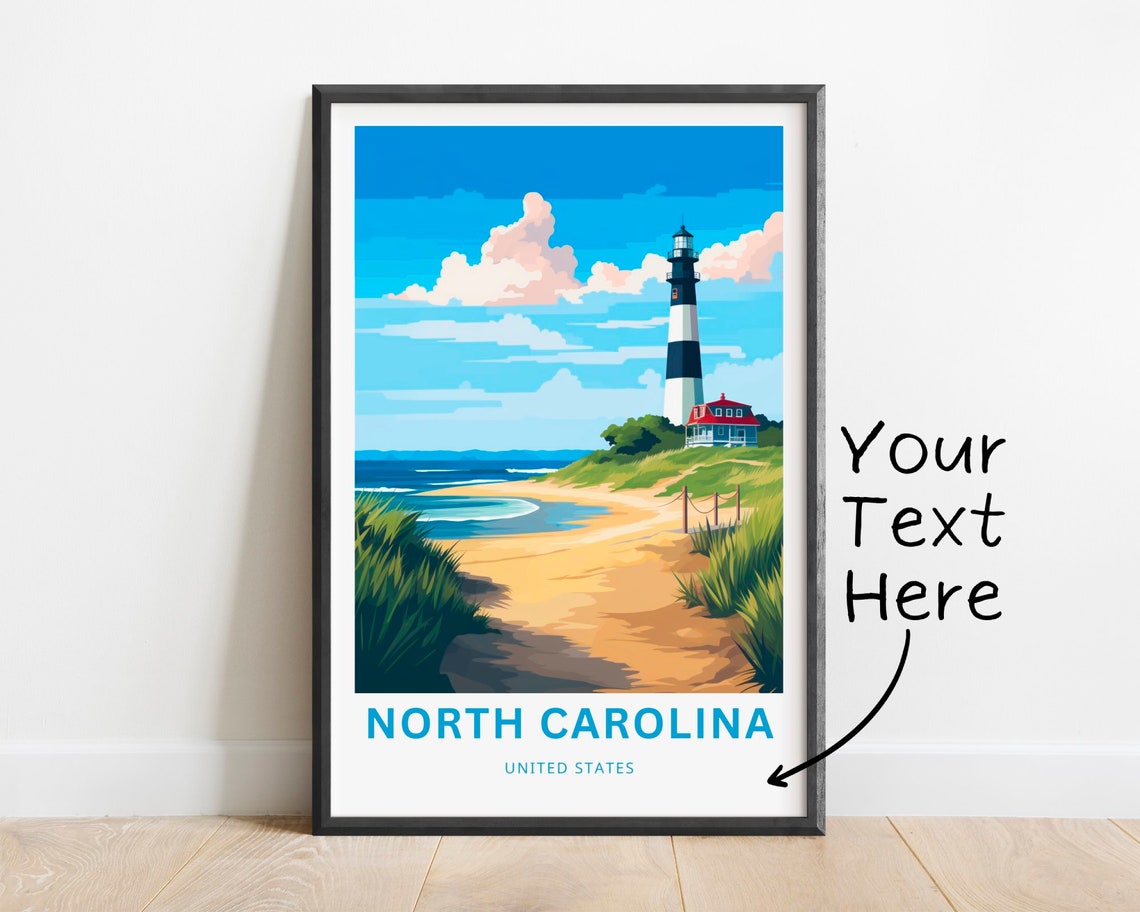 North Carolina Personalized Travel Poster Lighthouse Custom Name Gift