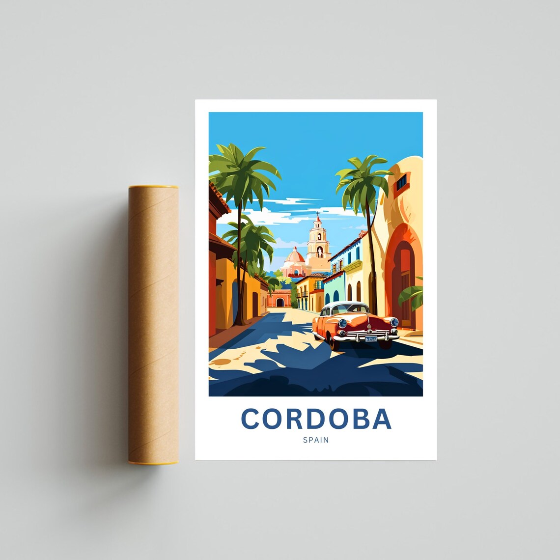 Cordoba Spain Street Classic Car Church Tower Custom Travel Poster - Image 4