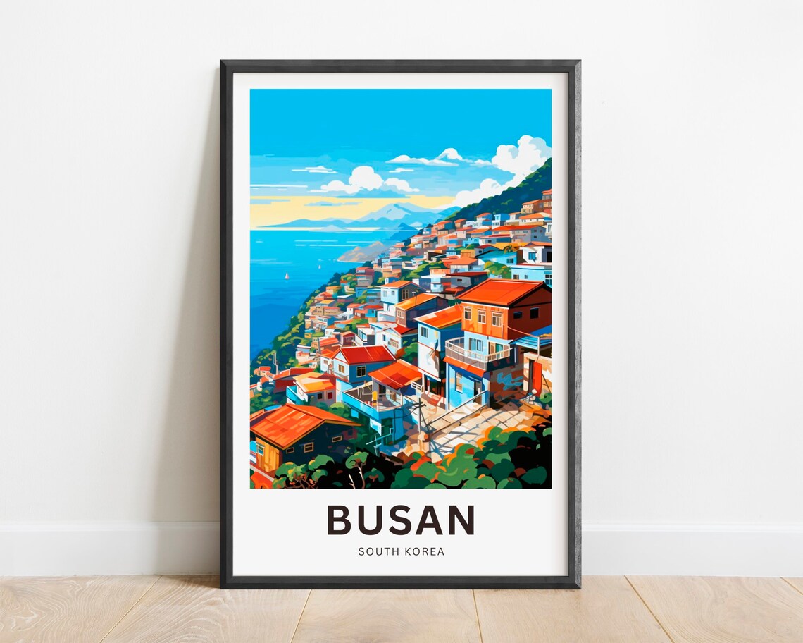 Busan South Korea Coastal Village Cliffs Seascape Travel Poster