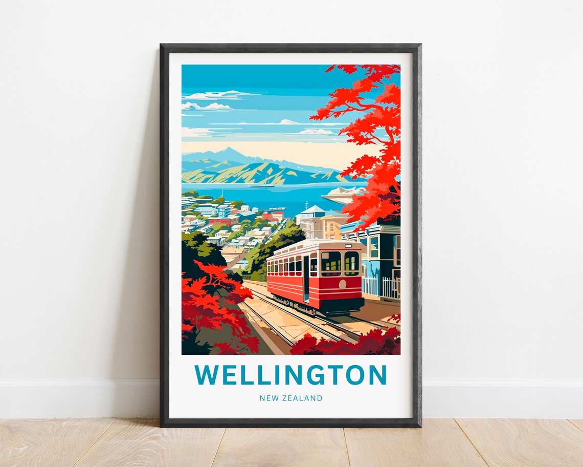 Wellington New Zealand Cable Car Autumn Trees Bay View Travel Poster