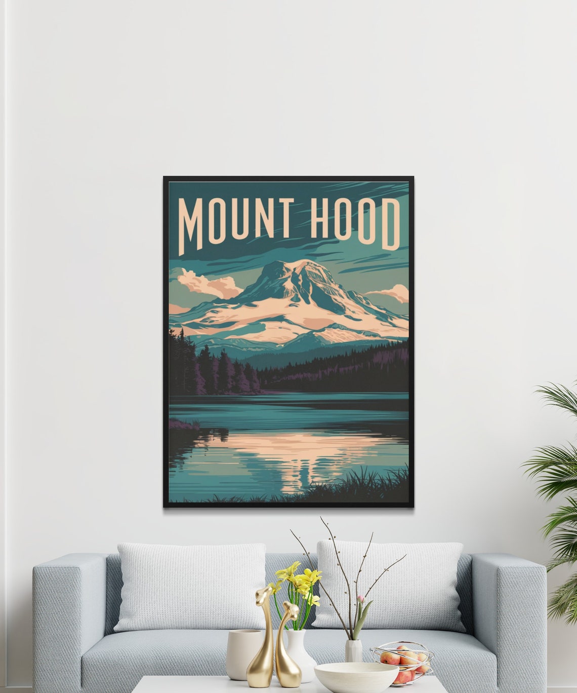 Mount Hood Vintage Poster with Teal Lake Reflection at Golden Hour