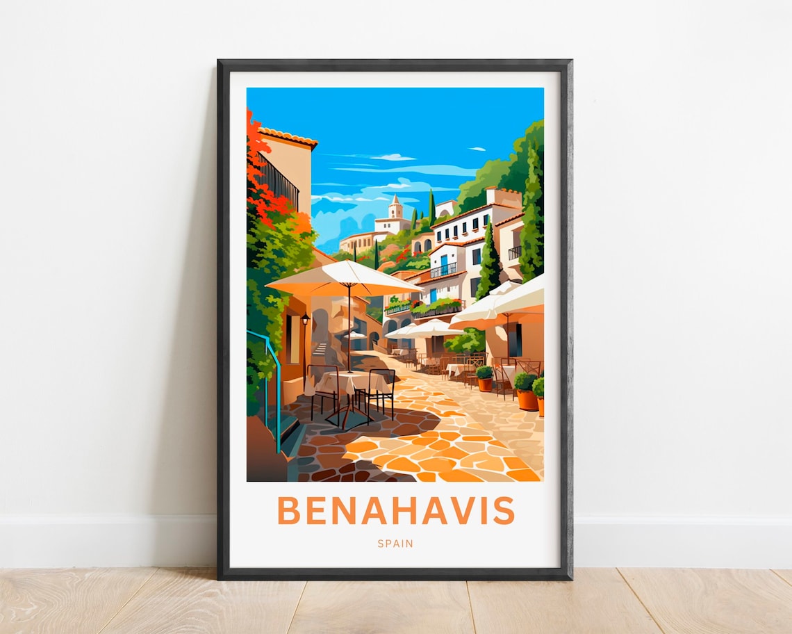 Benahavis Spain Scenic Sunny Village Street Cafe Travel Poster