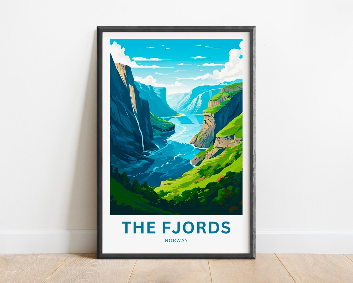The Fjords Norway Waterfall Cliffs Green Valley Gorge Travel Poster