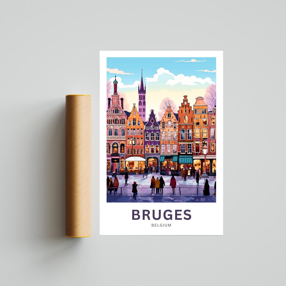 Personalized Bruges Belgium Winter Square Custom Vintage Travel Poster - Image 4
