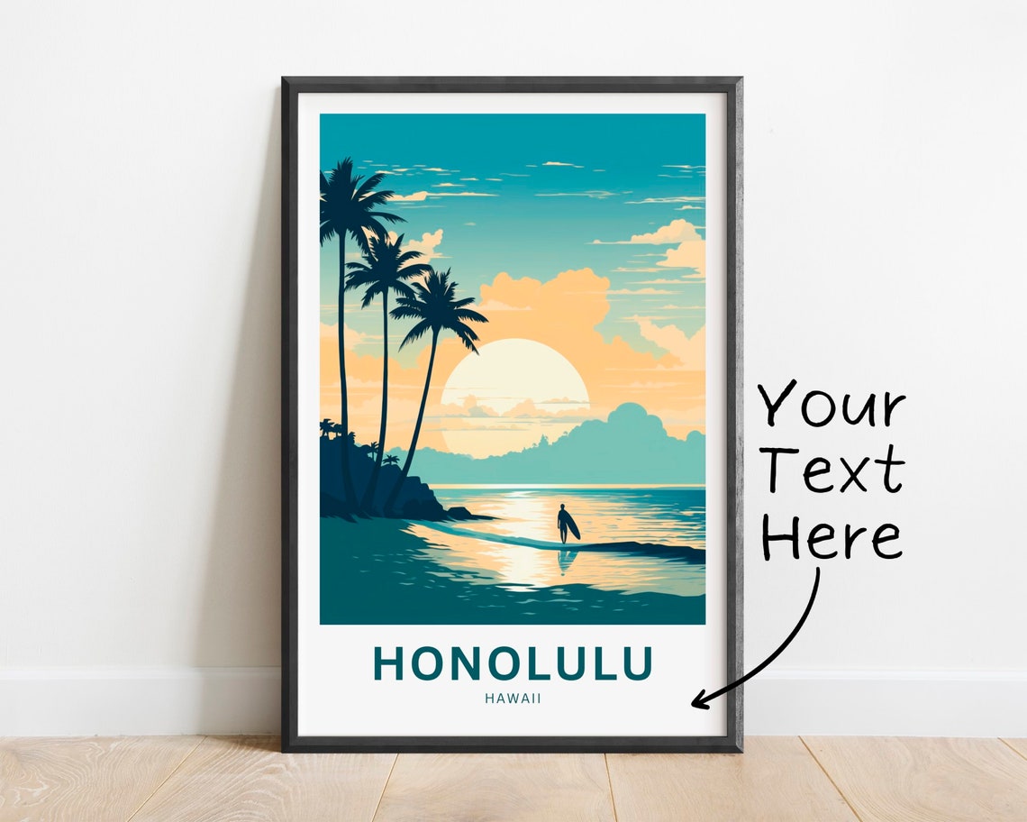 Honolulu Hawaii Sunset Surf Beach Palms Tropical Scene Poster