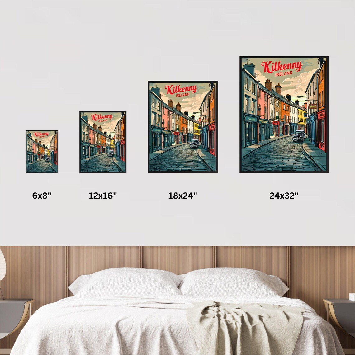Kilkenny Ireland Cobblestone Street Shops Vintage Travel Poster - Image 3