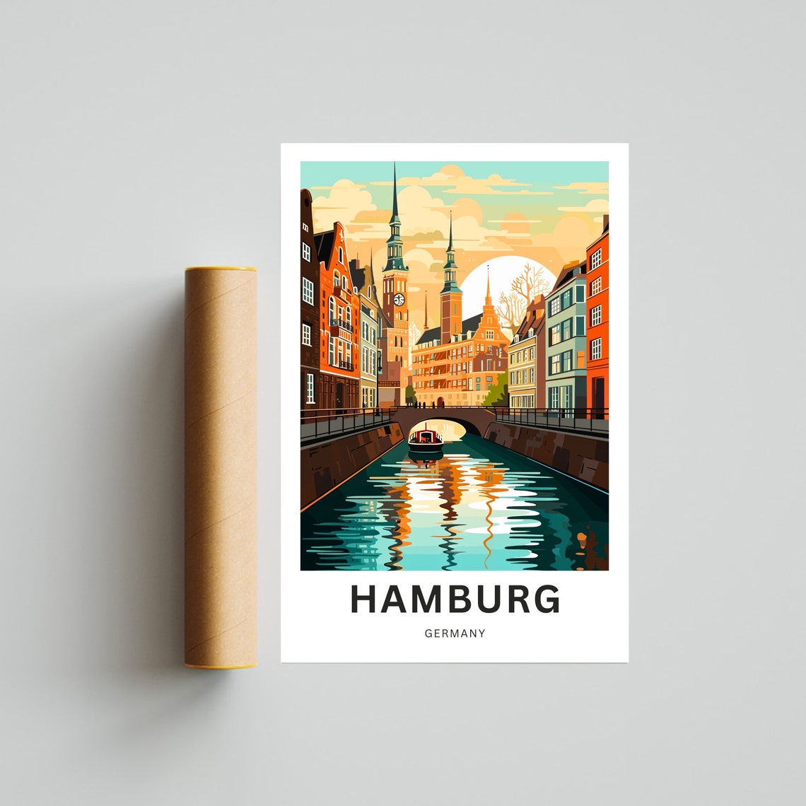 Hamburg Germany Historic Canal Church Towers Sunset Custom Poster - Image 4
