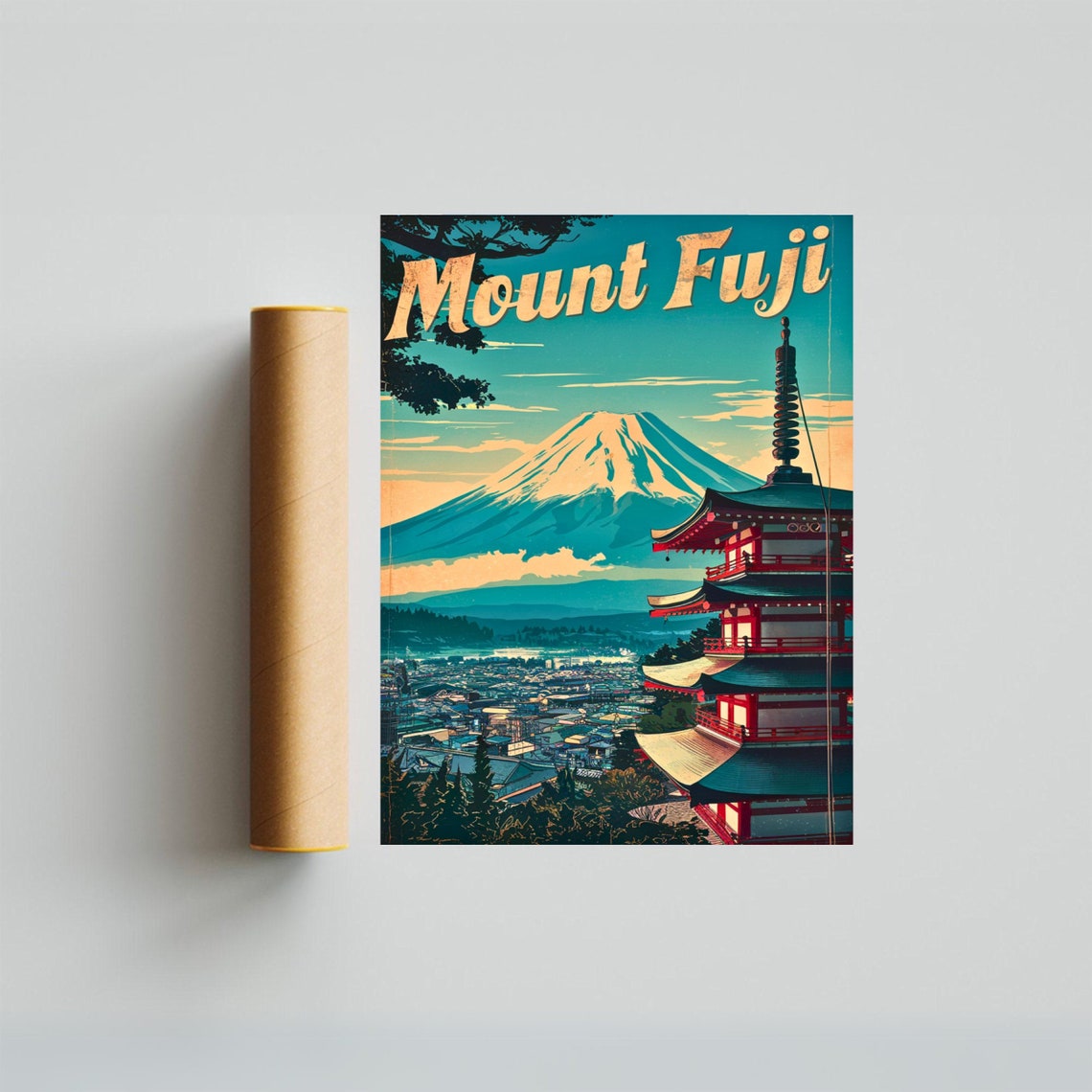 Mount Fuji Japan Snowcapped Pagoda Town Skyline Vintage Poster - Image 3