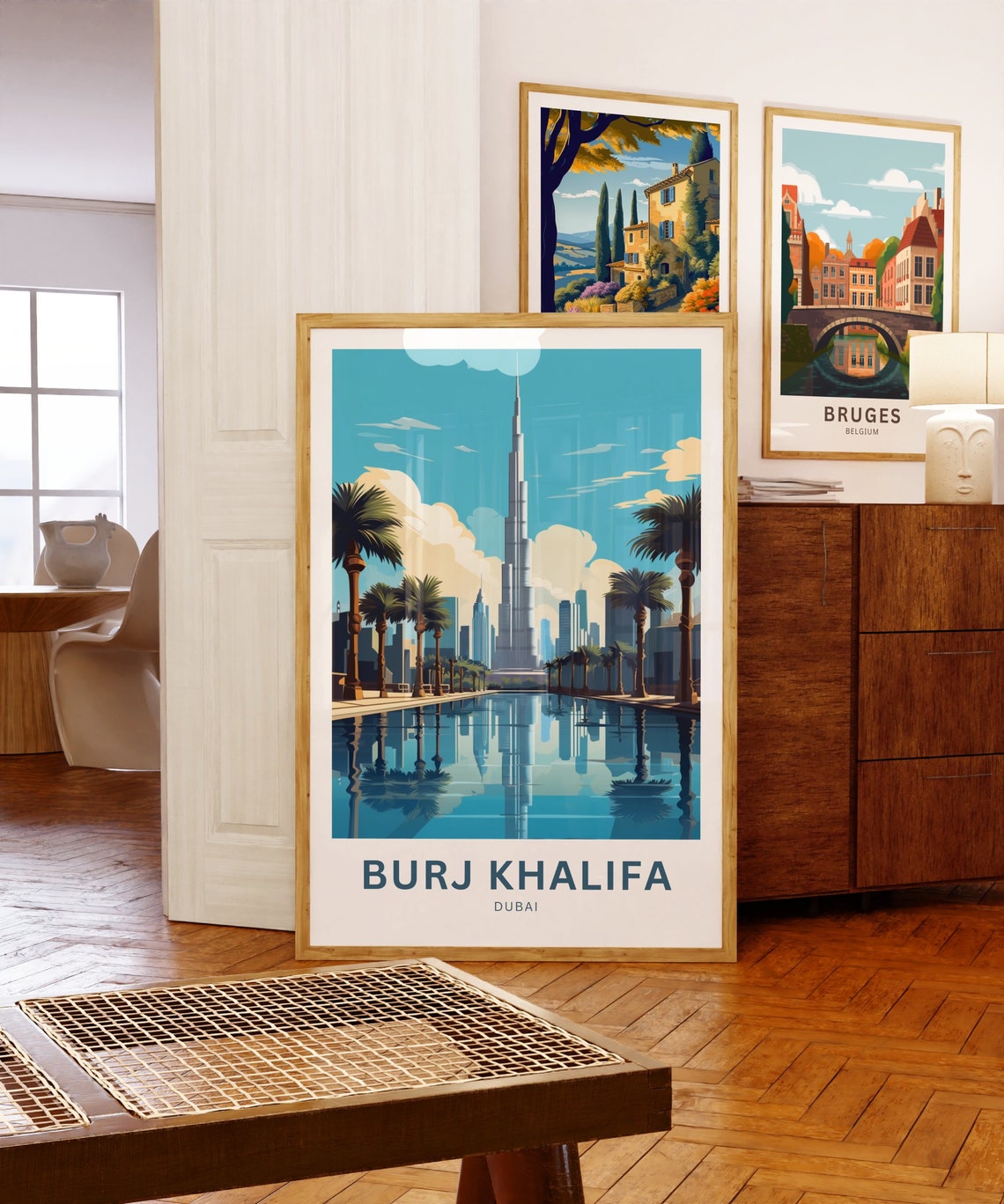 Burj Khalifa Dubai Skyline Palm Trees Water Reflection Travel Poster - Image 5