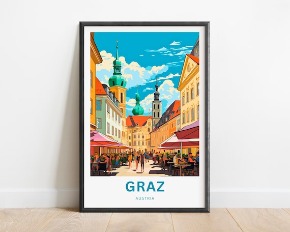 Graz Austria Old Town Square Cafes Historic Travel Art Poster