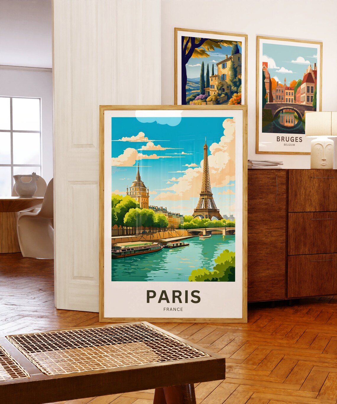Paris France Eiffel Tower Riverbank Boats Bridge Scenic Travel Poster - Image 5