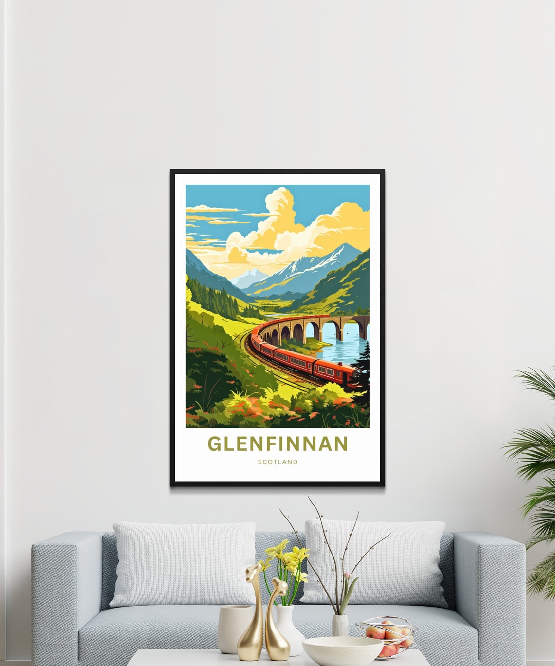 Glenfinnan Scotland Golden Sky Red Train Over Lakeside Viaduct Poster - Image 3
