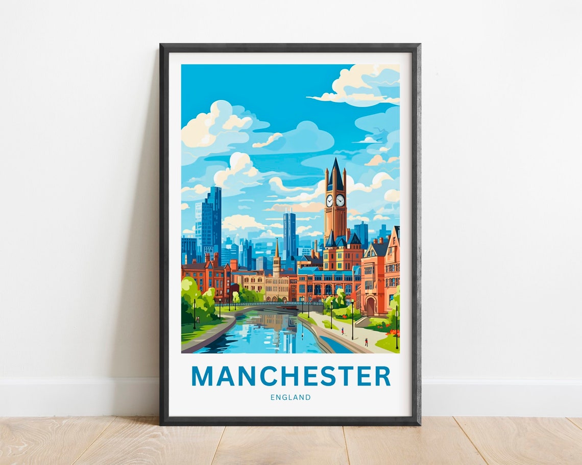 Manchester England Clock Tower Riverside City Skyline Poster