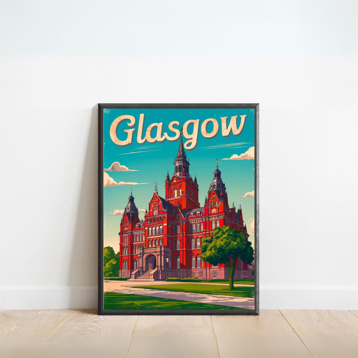 Glasgow Scotland Red Sandstone Landmark Vintage Script Travel Poster