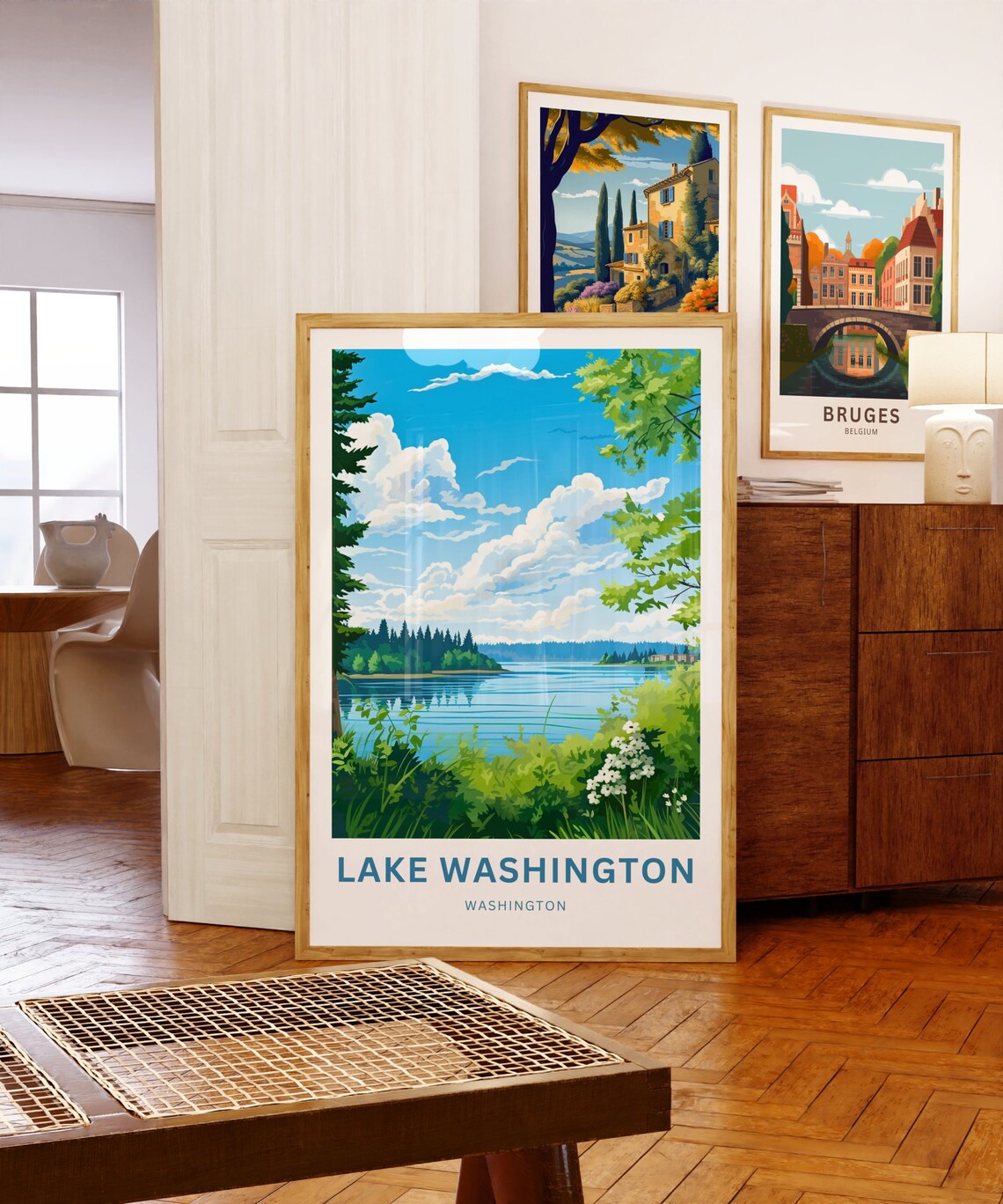 Lake Washington Billowing Clouds over Lakeshore Meadow Poster - Image 5
