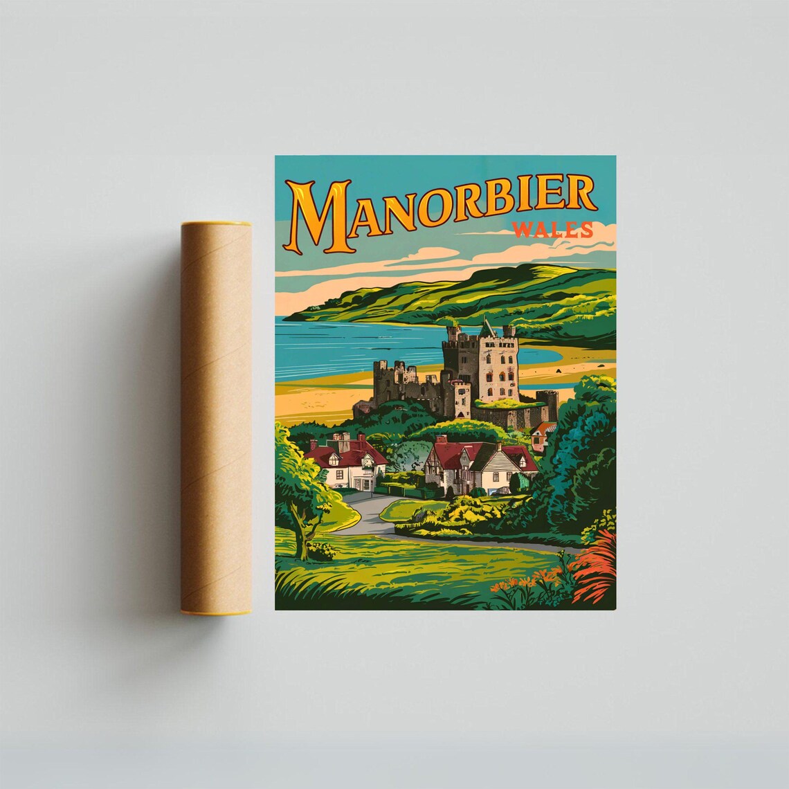 Manorbier Wales Vintage Castle Bay Village Retro Travel Poster - Image 2