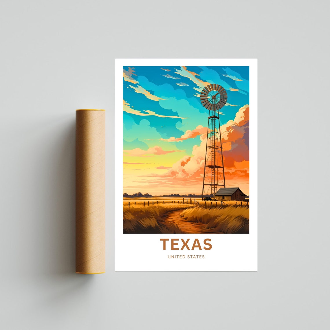 Texas Windmill Barn And Sunset Clouds Personalized Travel Poster - Image 4