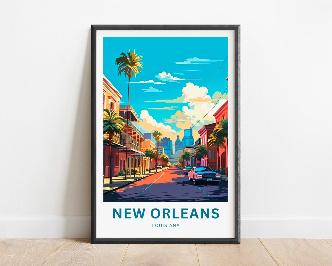 New Orleans Louisiana Palm Lined Avenue City Skyline Scene Poster