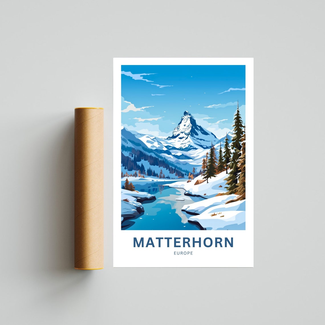 Matterhorn Europe Snowcapped Alpine Peak Winter Lake Travel Poster - Image 4