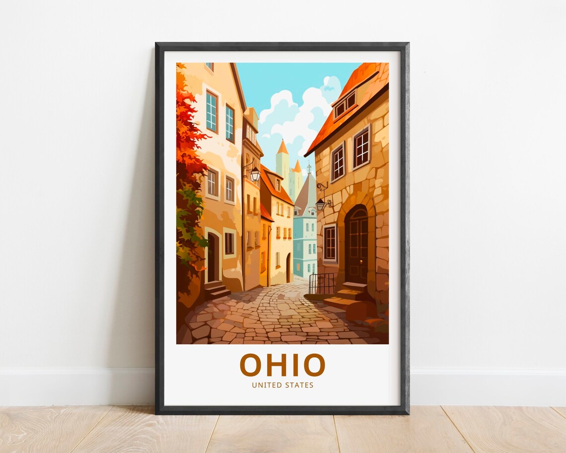 Ohio United States Historic Cobblestone Street Houses Travel Poster
