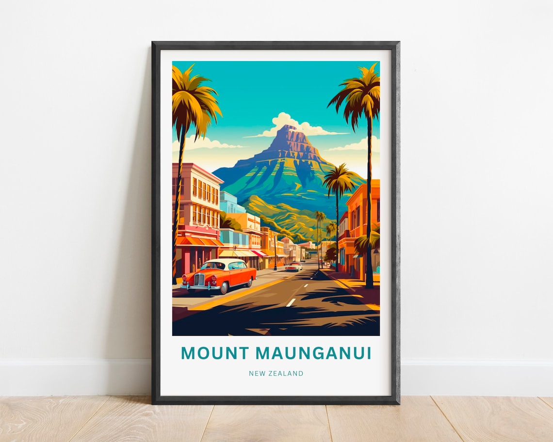 Mount Maunganui New Zealand Beach Town Street Retro Scenic Poster