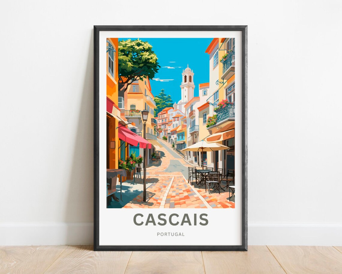 Cascais Portugal Old Town Street Cafe Church Tower Travel Poster